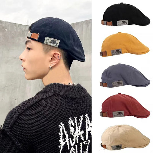 2024 New Men's Vintage Linen Fashion Hip Hop Solid Beret Side Label